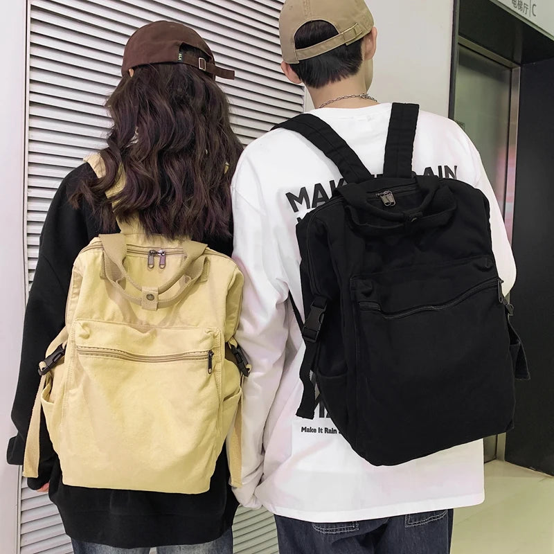 Double Zipper Canvas Backpack High Capacity School Shoulder Bags