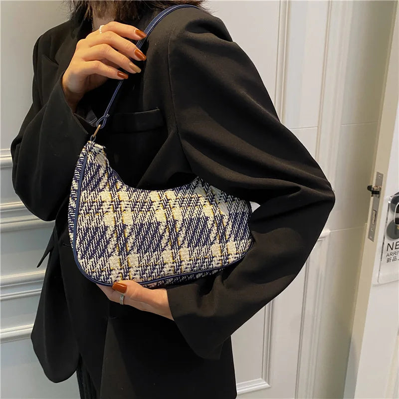 Plaid Canvas Women's Totes Crescent Shoulder Bag Zipper Handbags