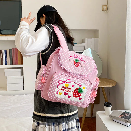 Embroidered Fruit Strawberry Lace Girl School Bag Backpack Soft Lovely