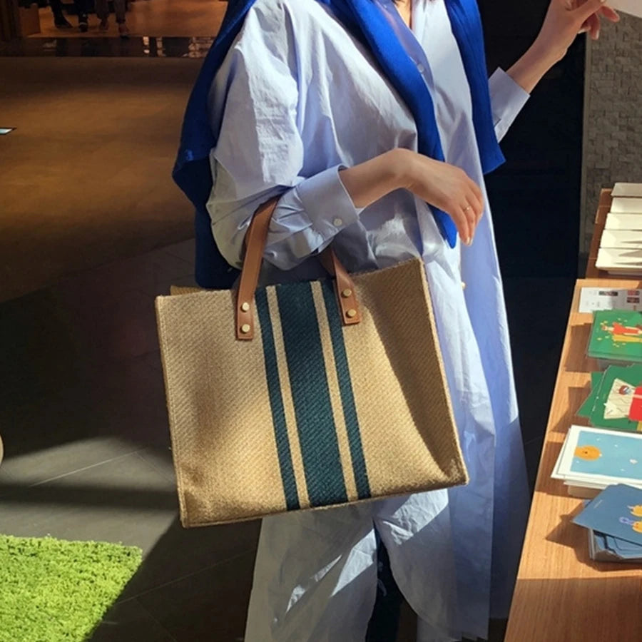 Vintage Striped Tote Bag Briefcase Style