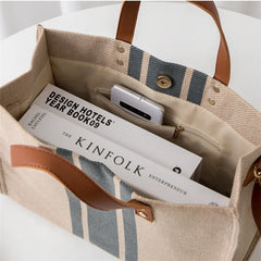 Large Canvas Handbag Vintage Striped Tote Bag Female Business Briefcase Style