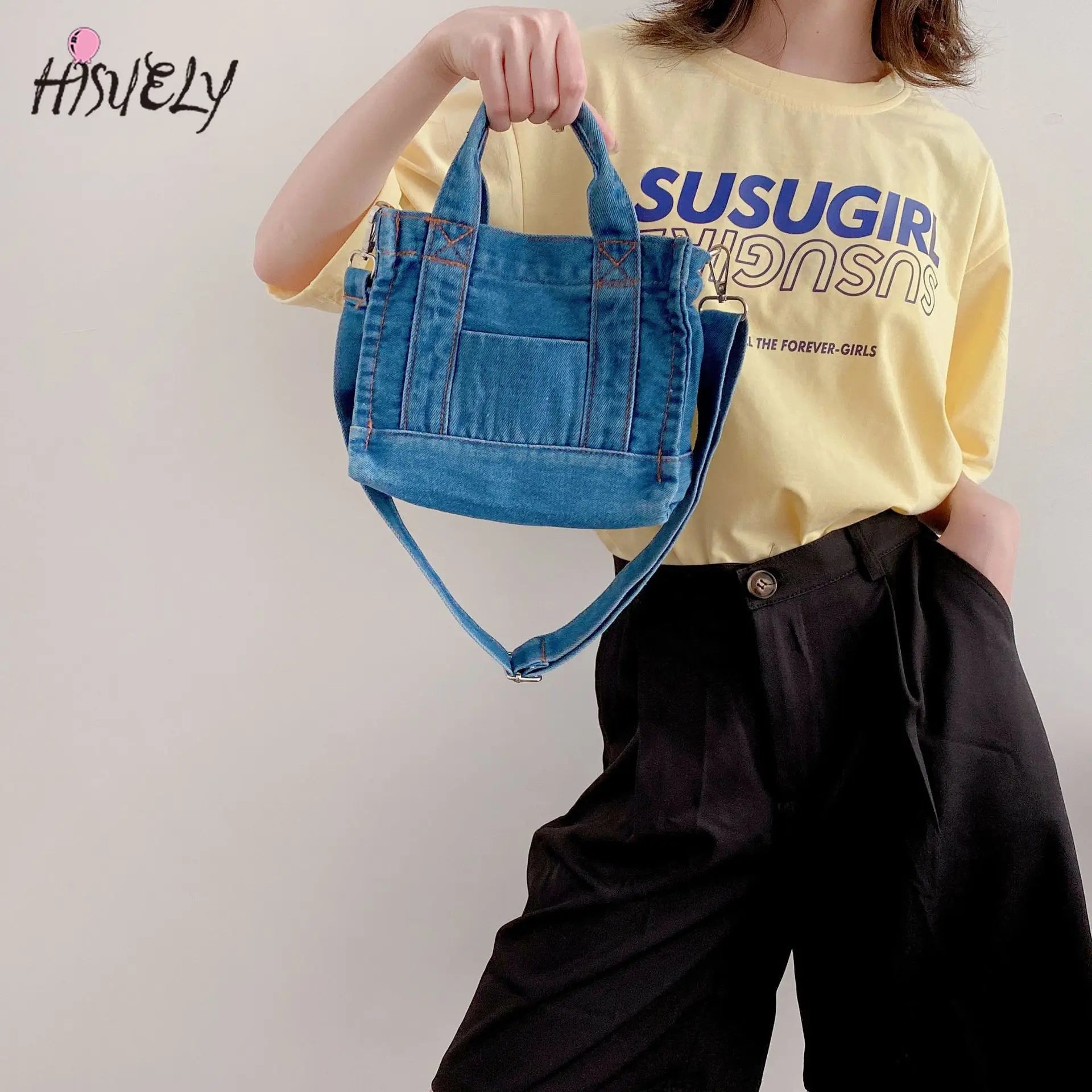 Small Denim Cloth Women Shoulder Bag Casual Tote Detachable Strap Zipper Purse