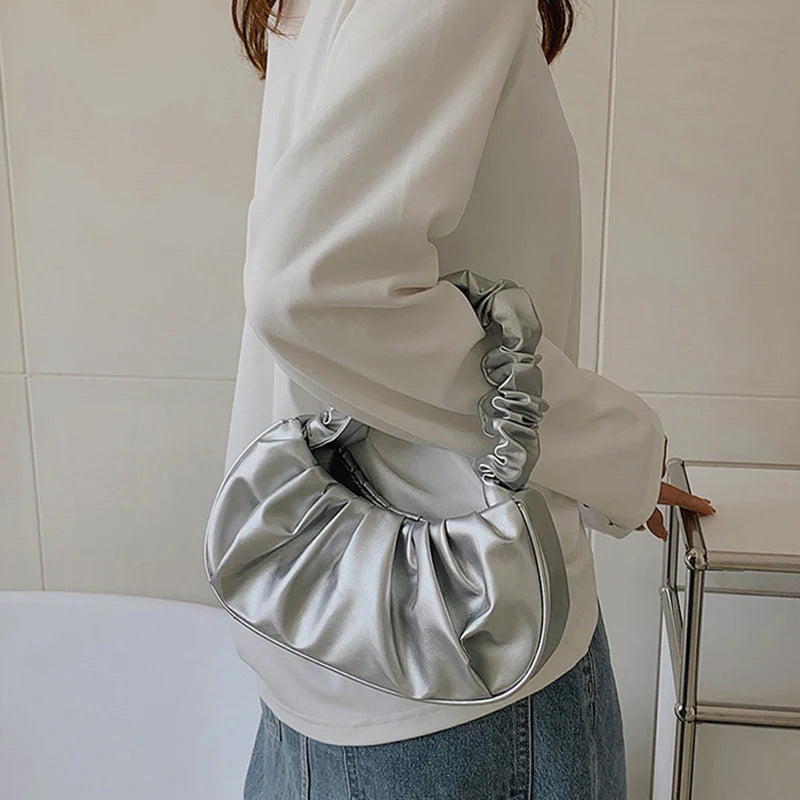 Solid Cloud Pleated Handlebags for Women PU Bags Leisure Armpit Bag