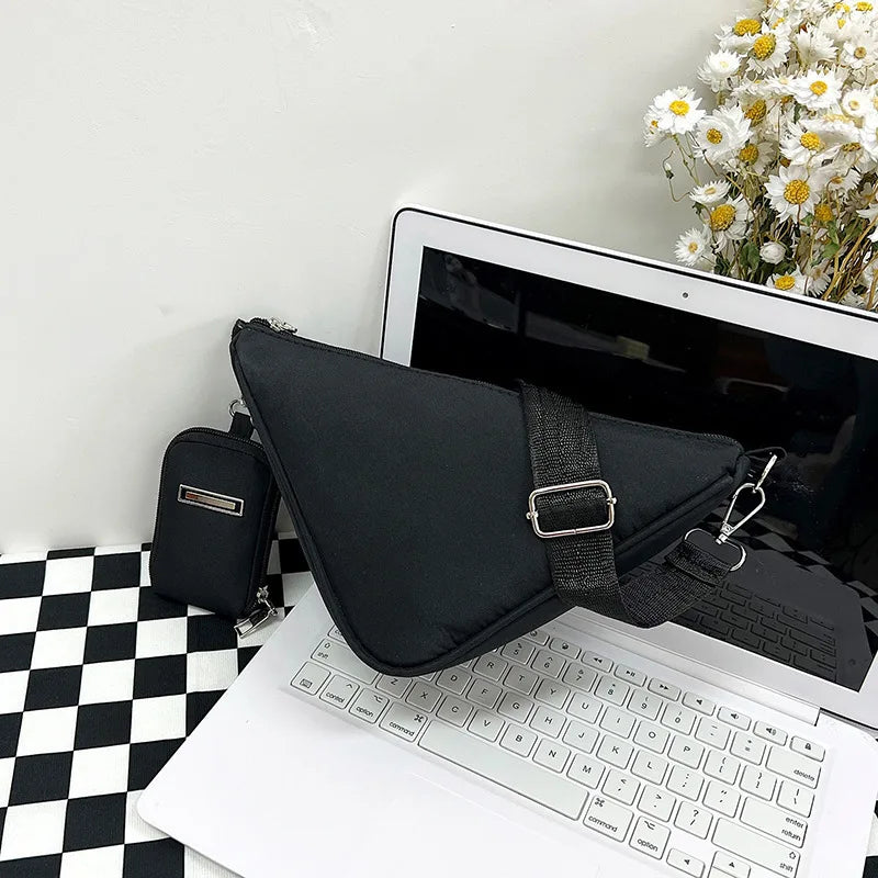 Solid Triangle Nylon Shoulder Bag for Women Adjustable Shoulder Straps