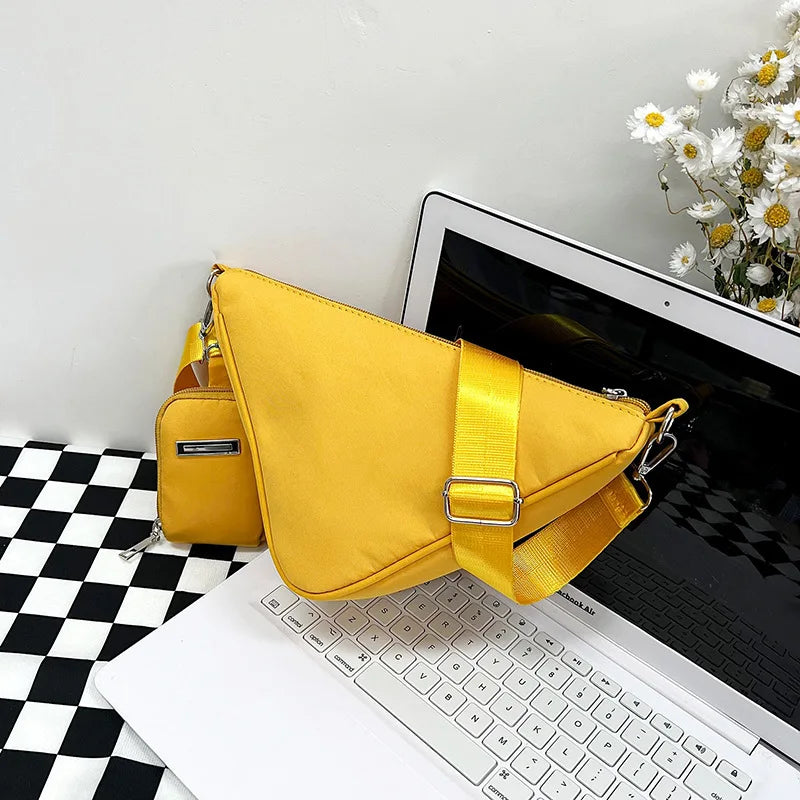 Solid Triangle Nylon Shoulder Bag for Women Adjustable Shoulder Straps