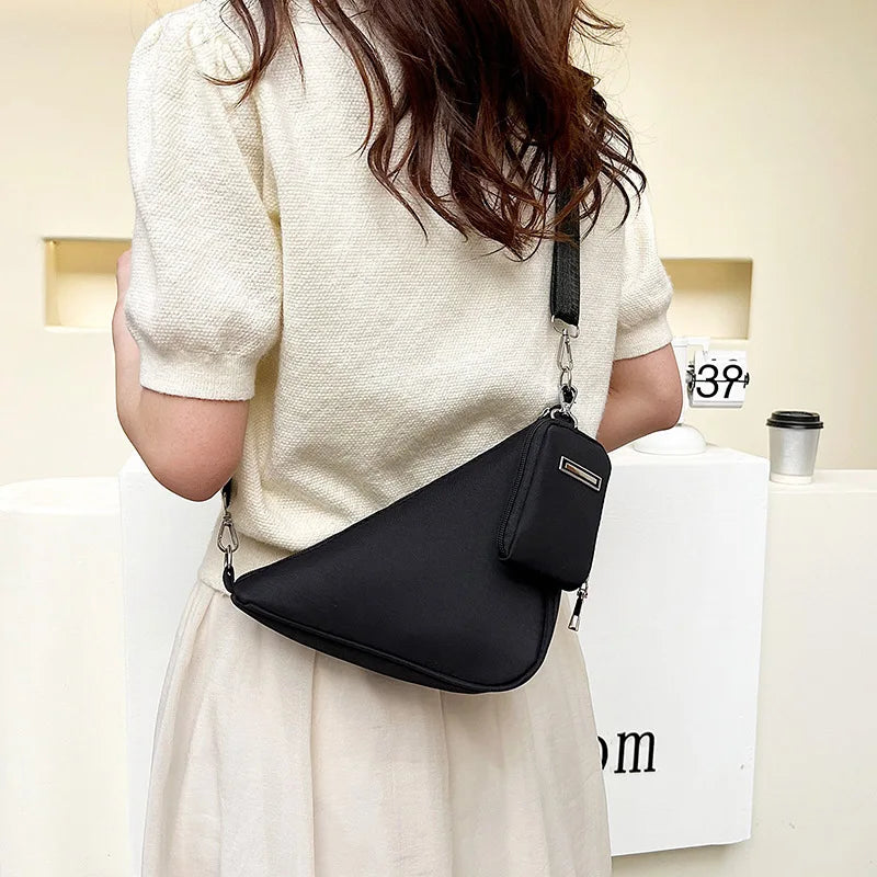 Solid Triangle Nylon Shoulder Bag for Women Adjustable Shoulder Straps