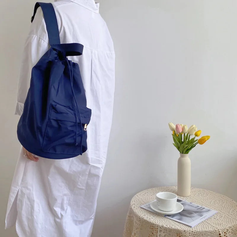Spring Casual Nylon Bucket Bag Drawstring Shoulder Bag