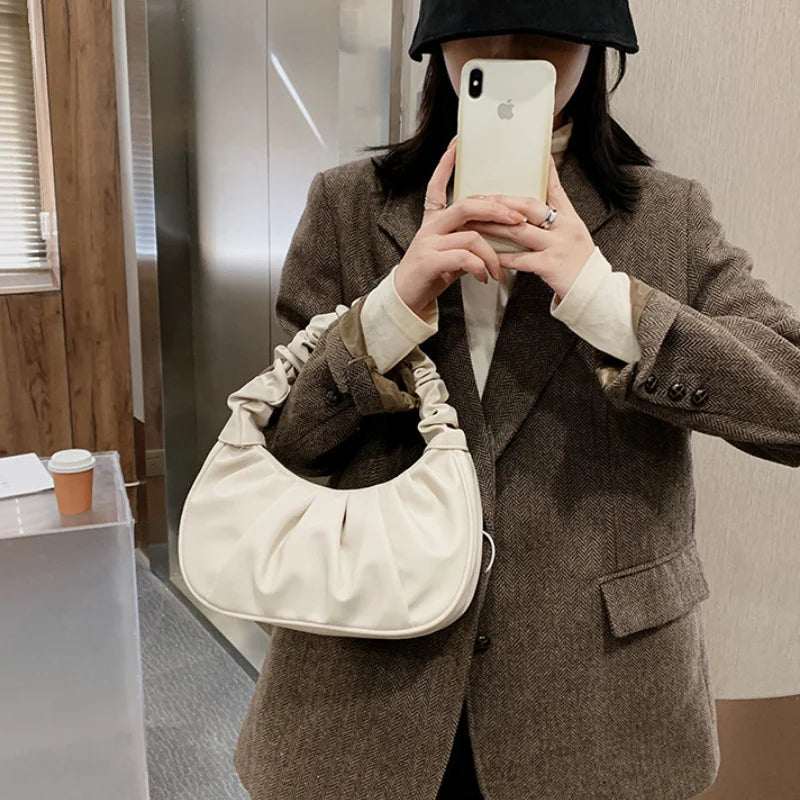 Spring Solid Cloud Pleated Handlebags For Women