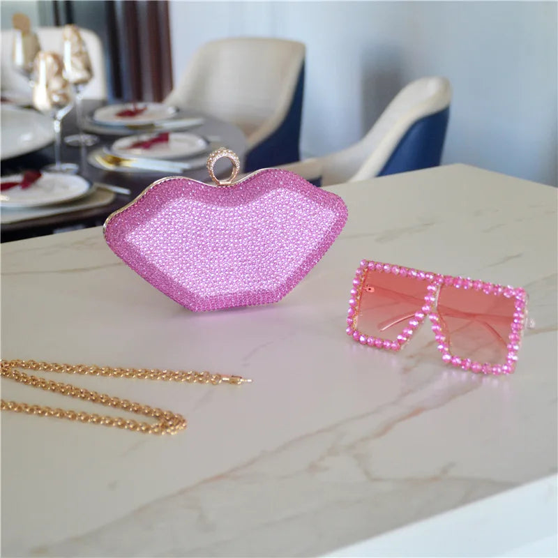 Lips Shape Diamonds Evening Bag Bridal Party Blingbling Wedding Chain Clutch