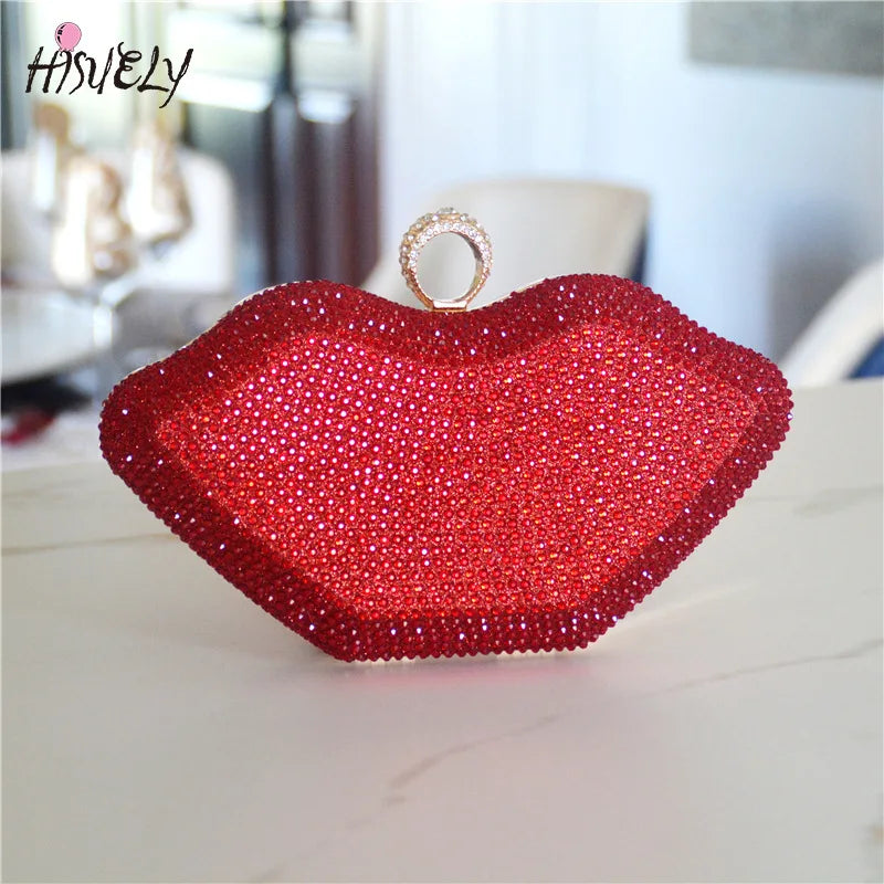 Lips Shape Diamonds Evening Bag Bridal Party Blingbling Wedding Chain Clutch