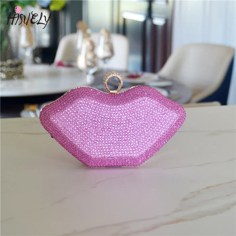 Lips Shape Diamonds Evening Bag Bridal Party Blingbling Wedding Chain Clutch