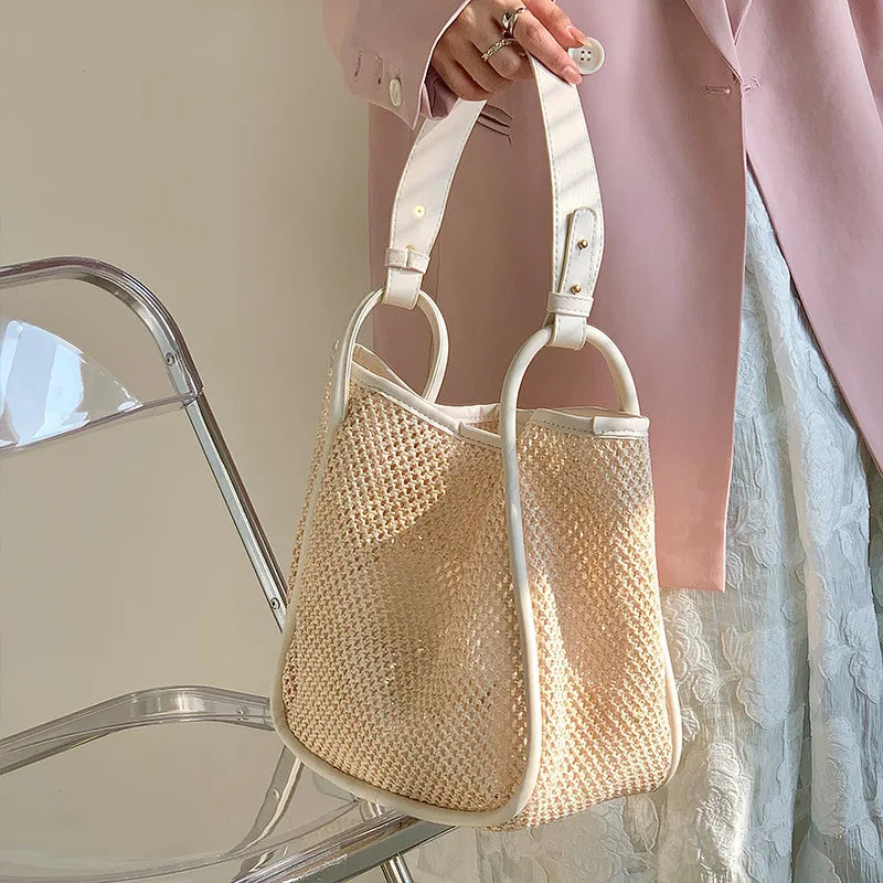 Large Straw Beach Tote Bag Hollow Woven Handbag Mesh Shoulder Shopping