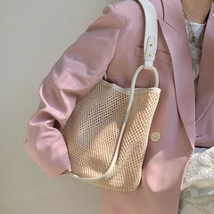 Large Straw Beach Tote Bag Hollow Woven Handbag Mesh Shoulder Shopping
