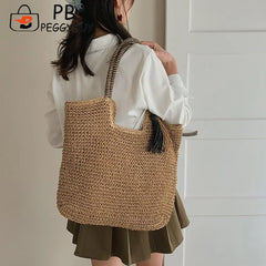 Summer Woven Straw Tassel Braided Shoulder Beach Bag