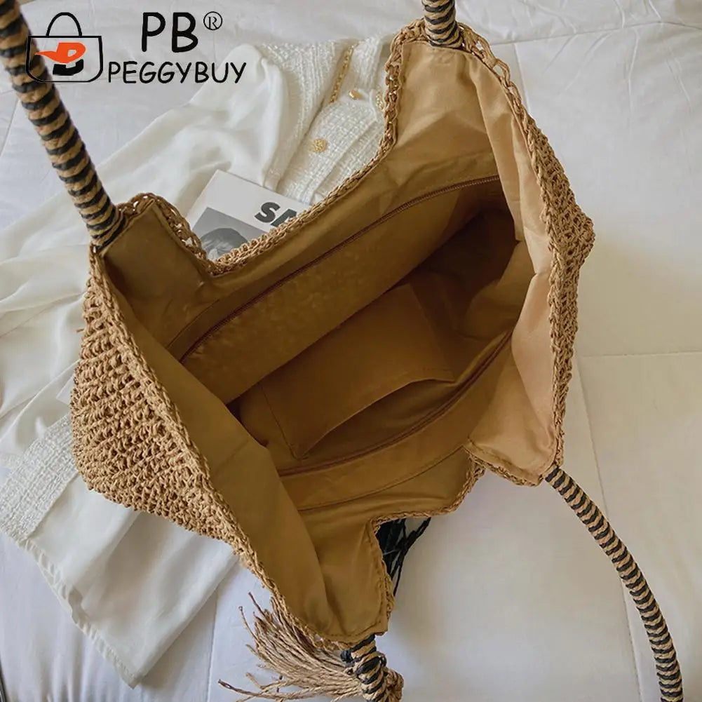 Summer Woven Straw Tassel Braided Shoulder Beach Bag