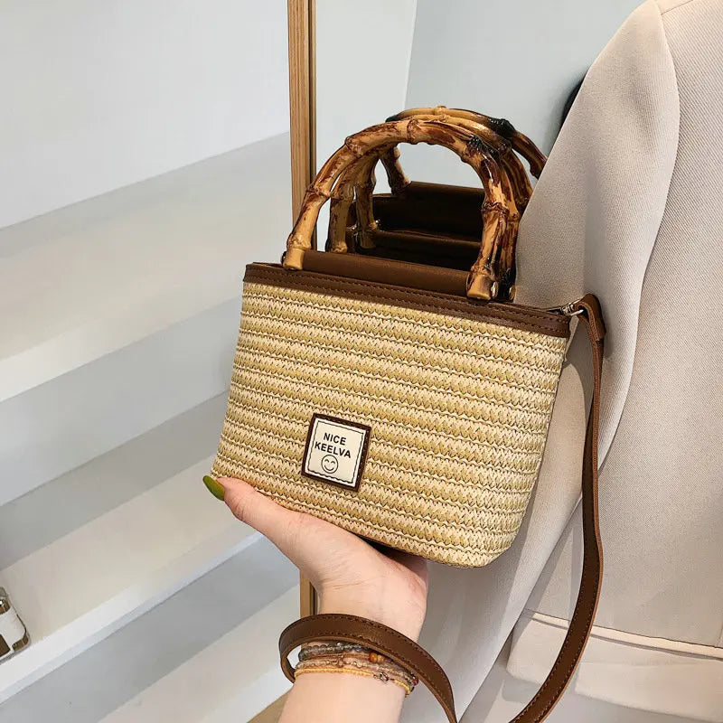 Summer Bamboo Handle Braided Bag Cross Body Bag
