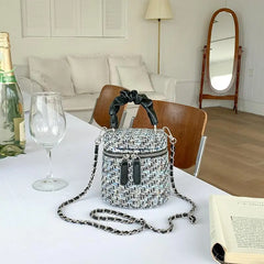 Tweed Women's Bucket Bag Ruched Tote Woolen Crossbody Handbag