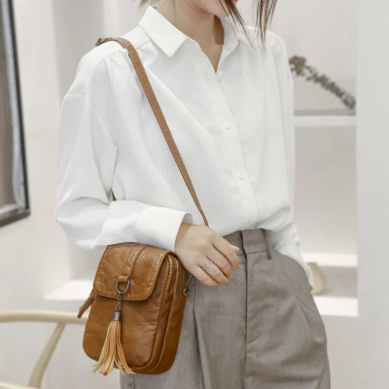 Vintage PU Leather Phone Bag Cross Body Tassel Small Shoulder Bag