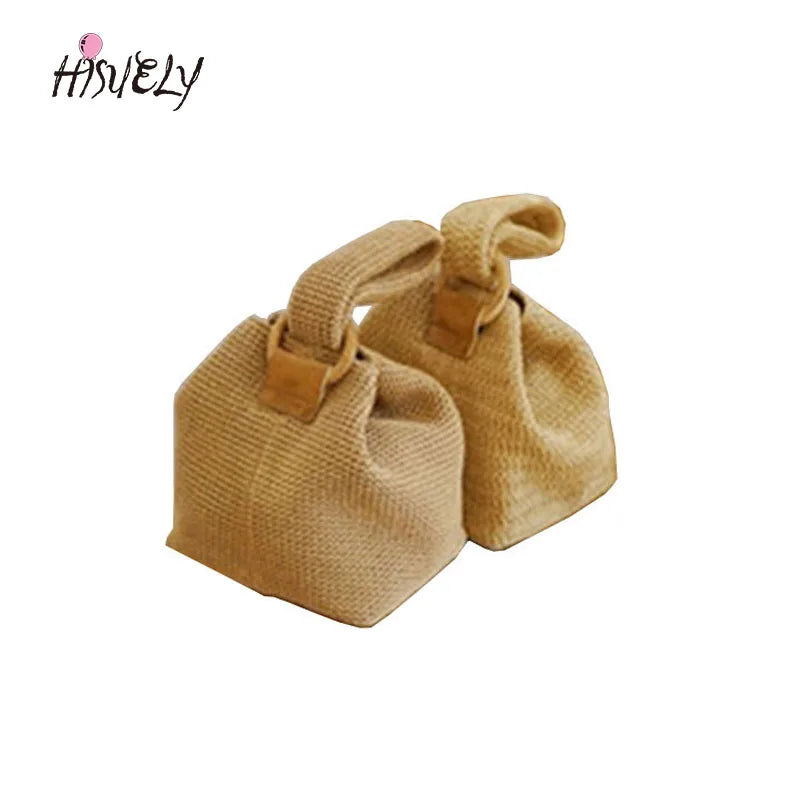 Vintage Straw Beach Bag Crossbody Lock Handbag Lady Knit Shoulder Bag