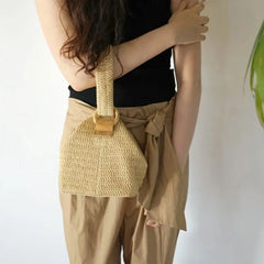 Vintage Straw Beach Bag Crossbody Lock Handbag Lady Knit Shoulder Bag