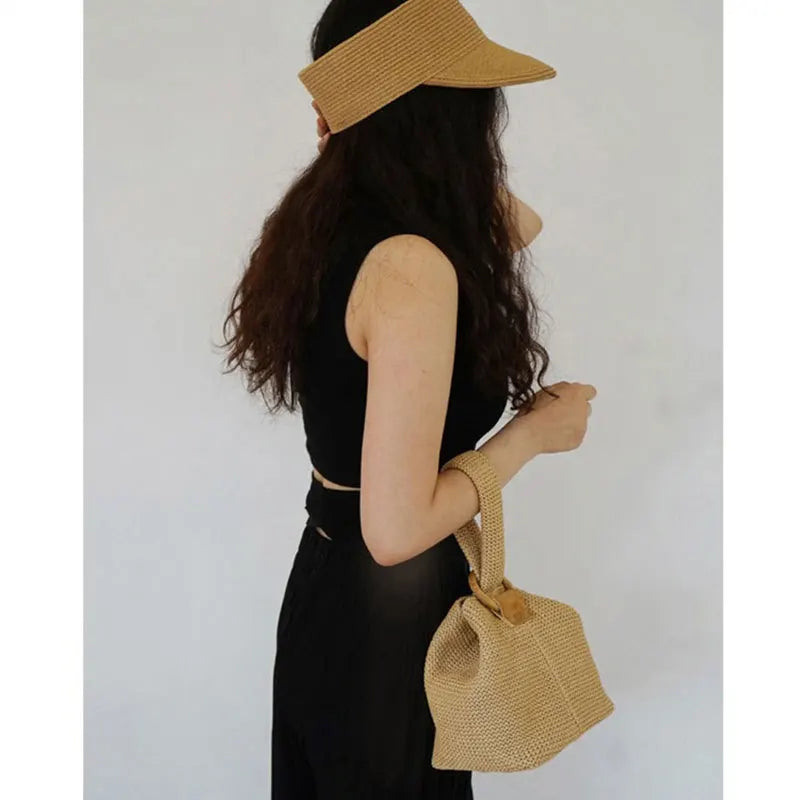 Vintage Straw Beach Bag Crossbody Lock Handbag Lady Knit Shoulder Bag