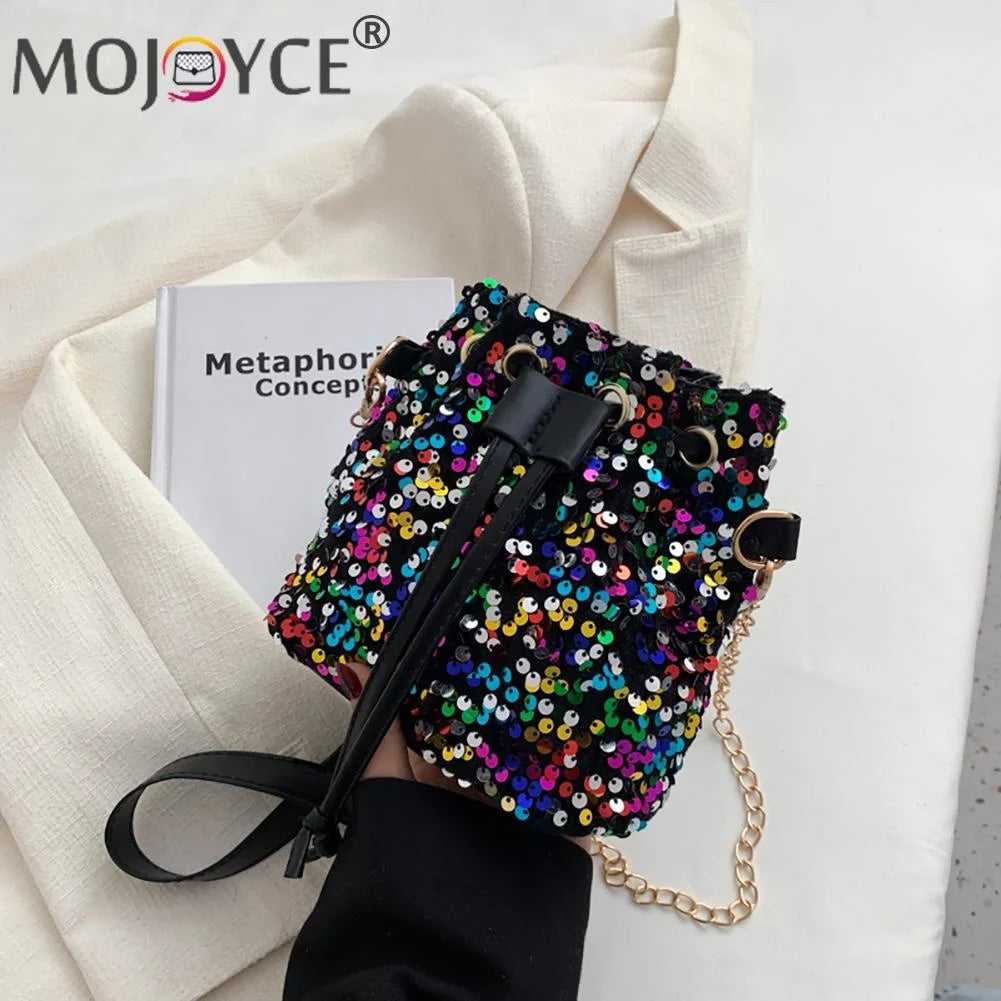 Vintage Women Top-Handle Bag Sequins Drawstring Shoulder Bag