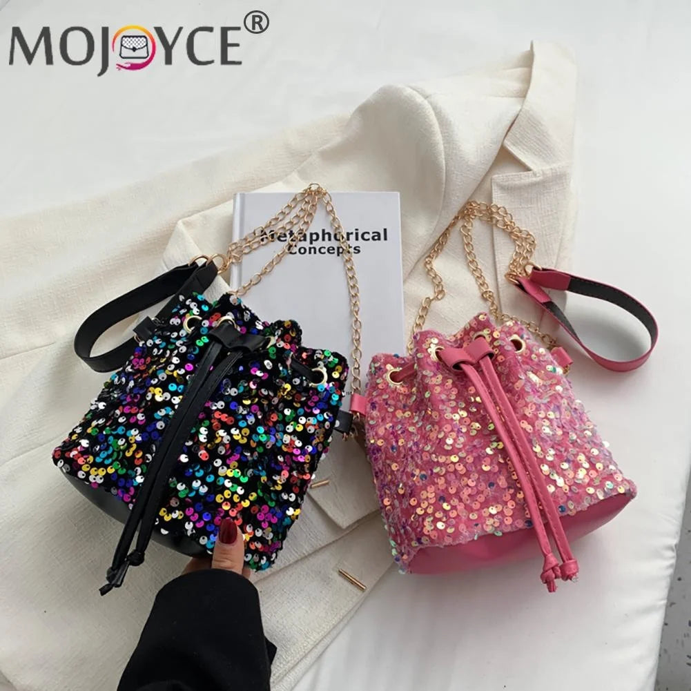 Vintage Women Top-Handle Bag Sequins Drawstring Shoulder Bag