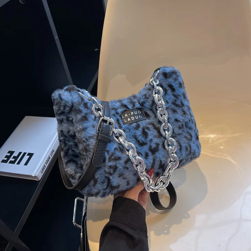 Winter Plush Faux Fur Small Crossbody Bags for Women Leopard Print