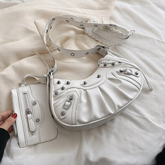 Winter Punk Style Rivets Shoulder Bag Crossbody Half Moon Messenger Handbag
