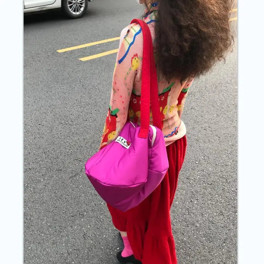 Women Nylon Shoulder Bag Solid Zipper Bucket Handbag Rose Red Tote Bag