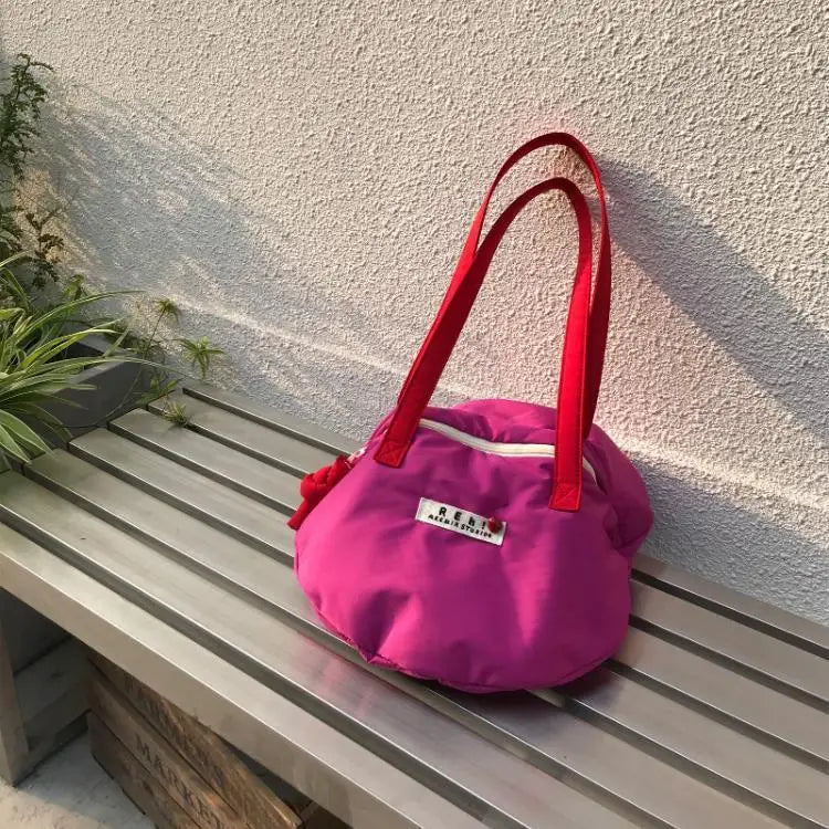 Women Nylon Shoulder Bag Solid Zipper Bucket Handbag Rose Red Tote Bag