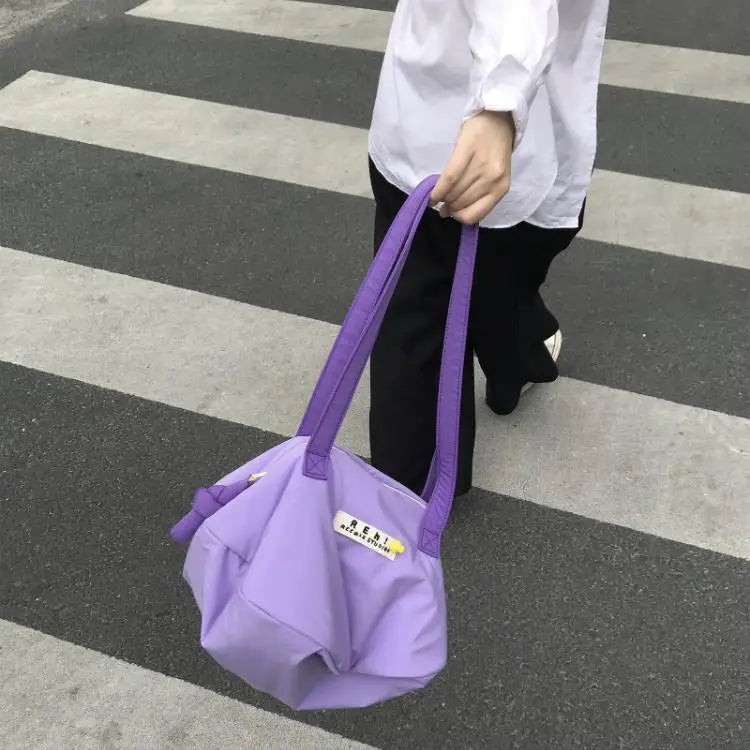 Women Nylon Shoulder Bag Solid Zipper Bucket Handbag Rose Red Tote Bag