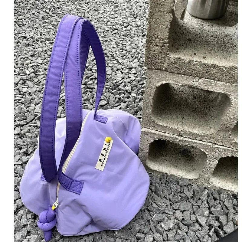 Women Nylon Shoulder Bag Solid Zipper Bucket Handbag Rose Red Tote Bag
