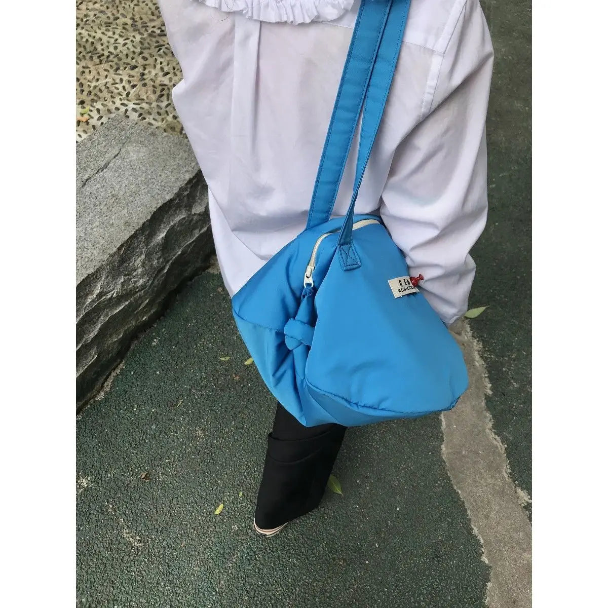 Women Nylon Shoulder Bag Solid Zipper Bucket Handbag Rose Red Tote Bag