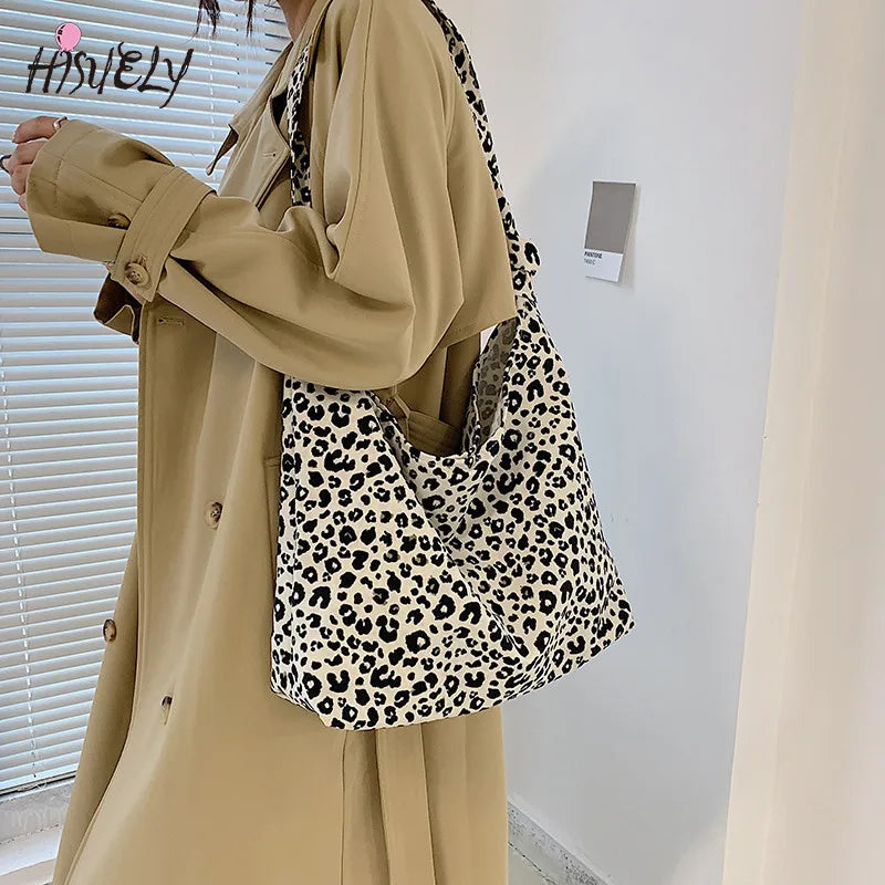 Leopard Print Canvas Shoulder Bag Retro Ladies Handbag