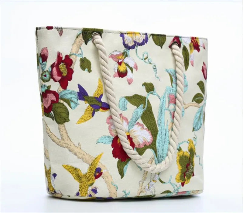 Women Floral Shoulder Bags Casual Beach Holiday Bags Cotton Tote Shopping Bags