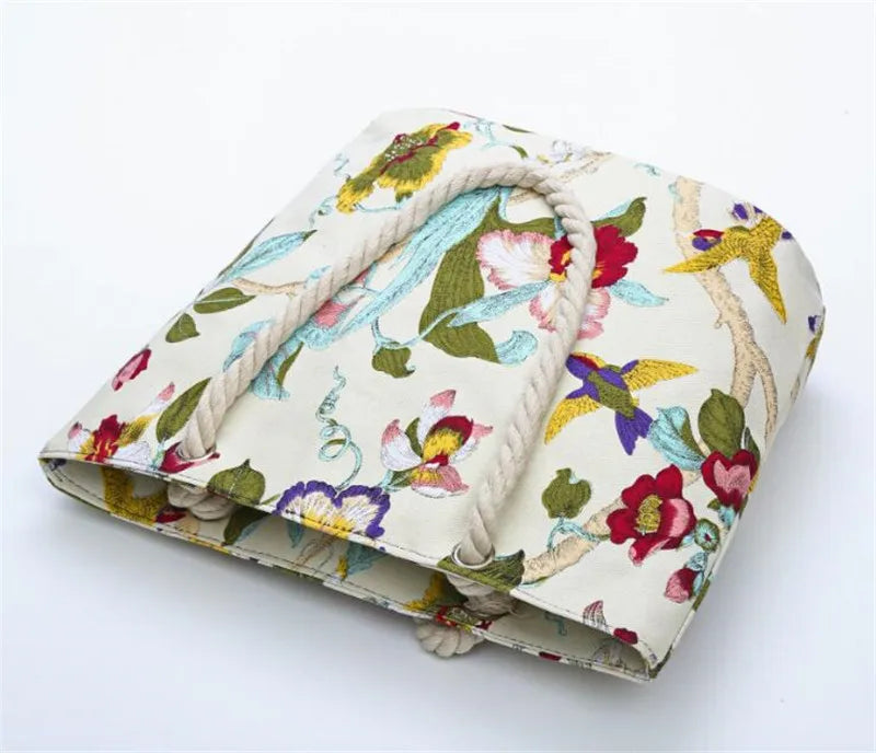 Women Floral Shoulder Bags Casual Beach Holiday Bags Cotton Tote Shopping Bags