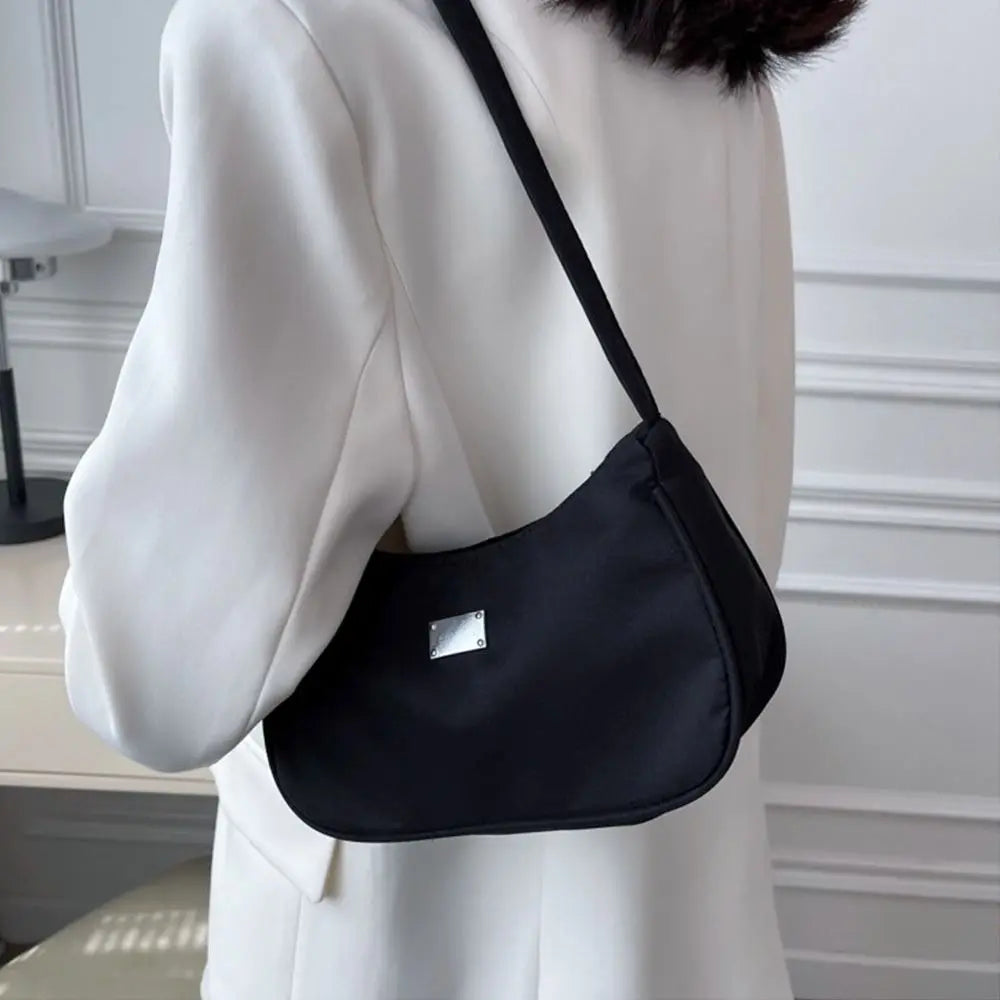 Nylon Mini Crescent Messenger Handbag Retro Style Solid Shoulder Bag