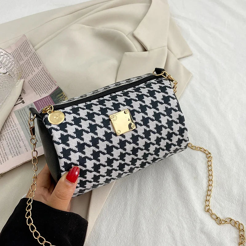Women's Small Round Chain Shoulder Bag Thousand Bird Lattice Handbag