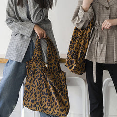 Leopard Pattern Corduroy Shoulder Bag Retro Handbag Tote Bag