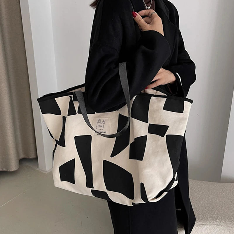 Autumn Geometric Pattern Canvas Tote Shoulder Bag for Women