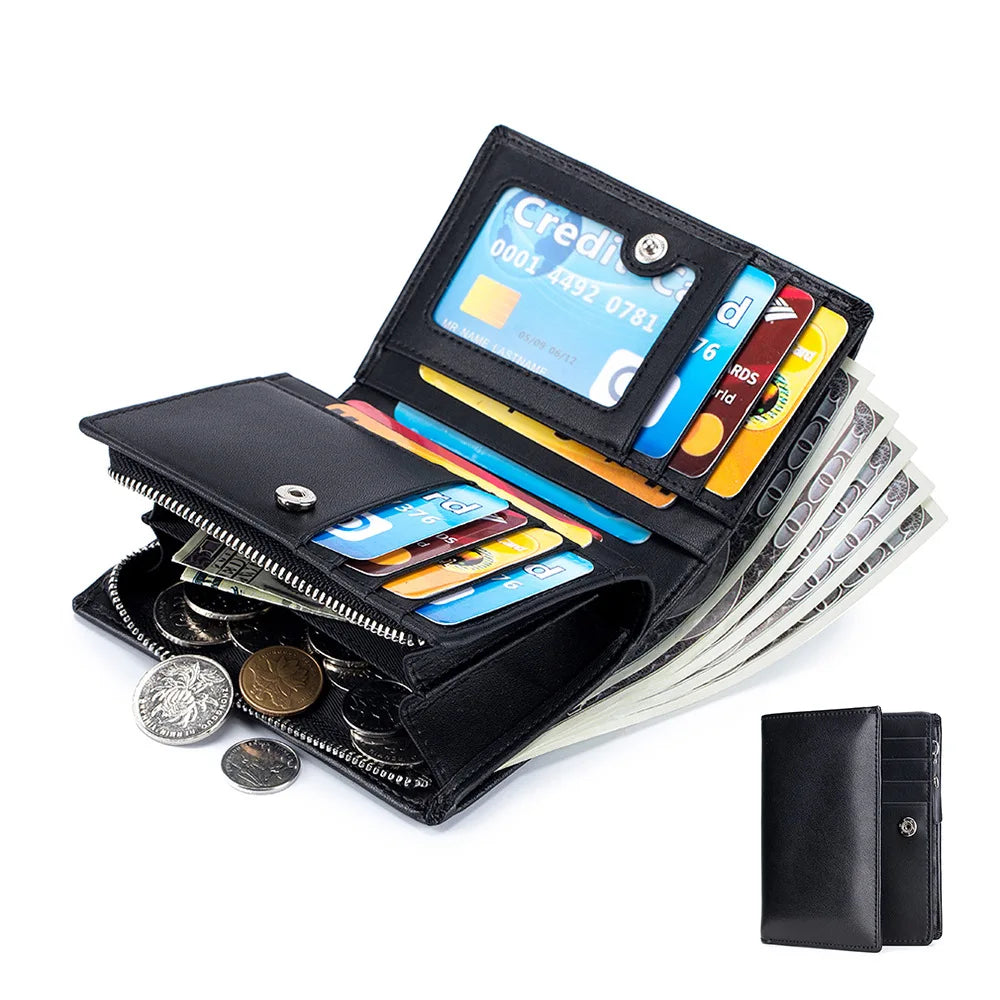 Men's Cow Leather Zipper Wallet RFID Blocking Short Wallet