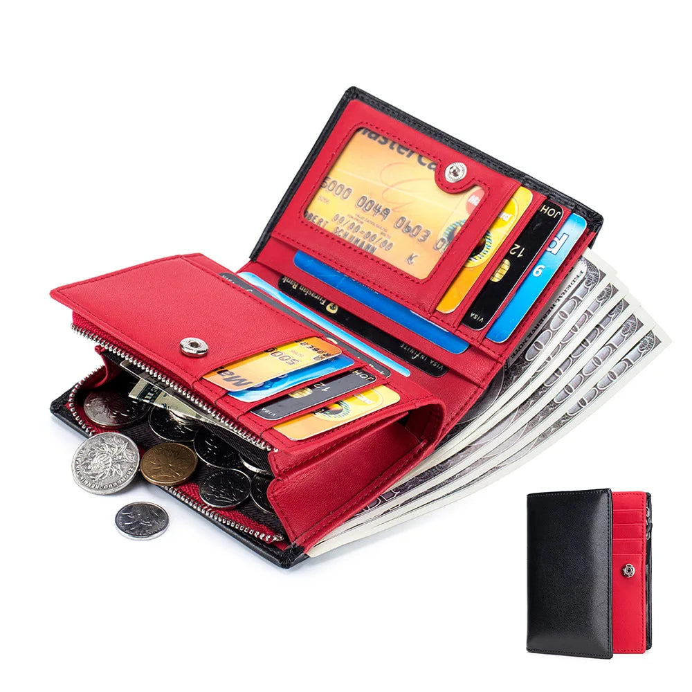 Men's Cow Leather Zipper Wallet RFID Blocking Short Wallet