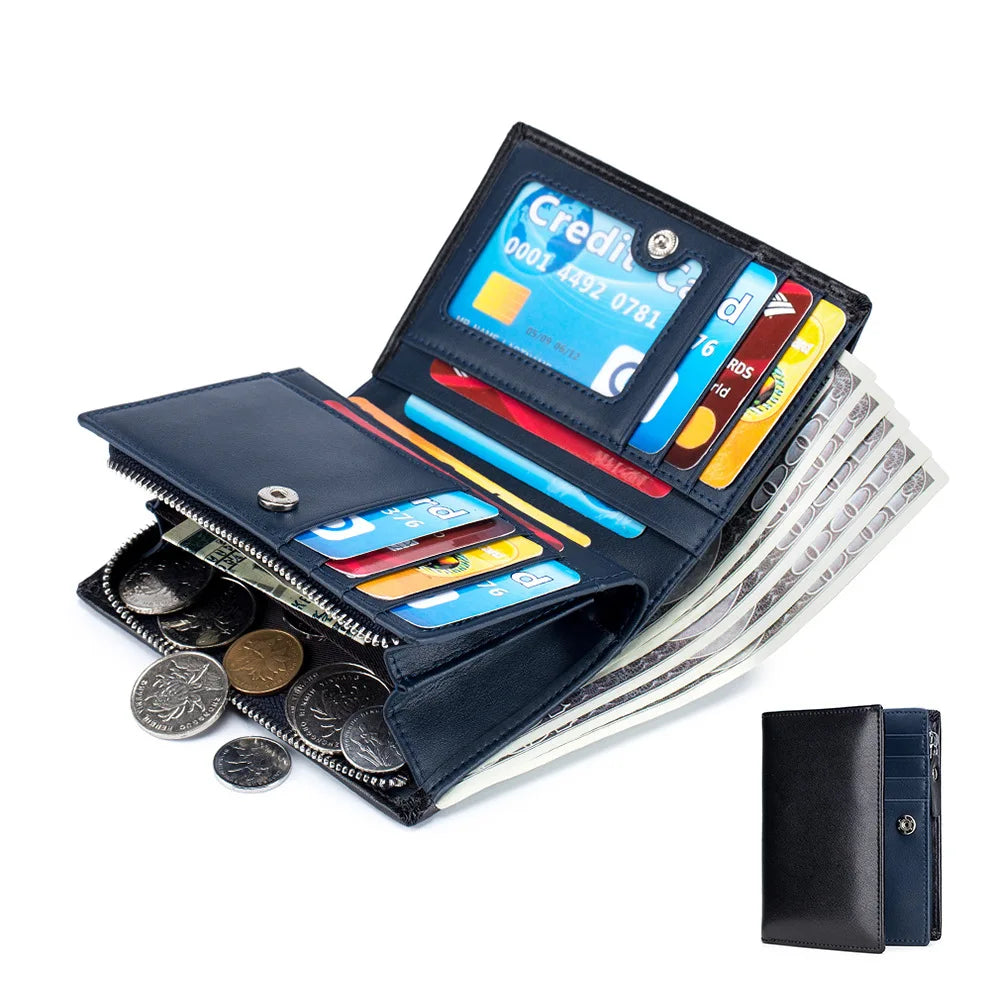 Men's Cow Leather Zipper Wallet RFID Blocking Short Wallet