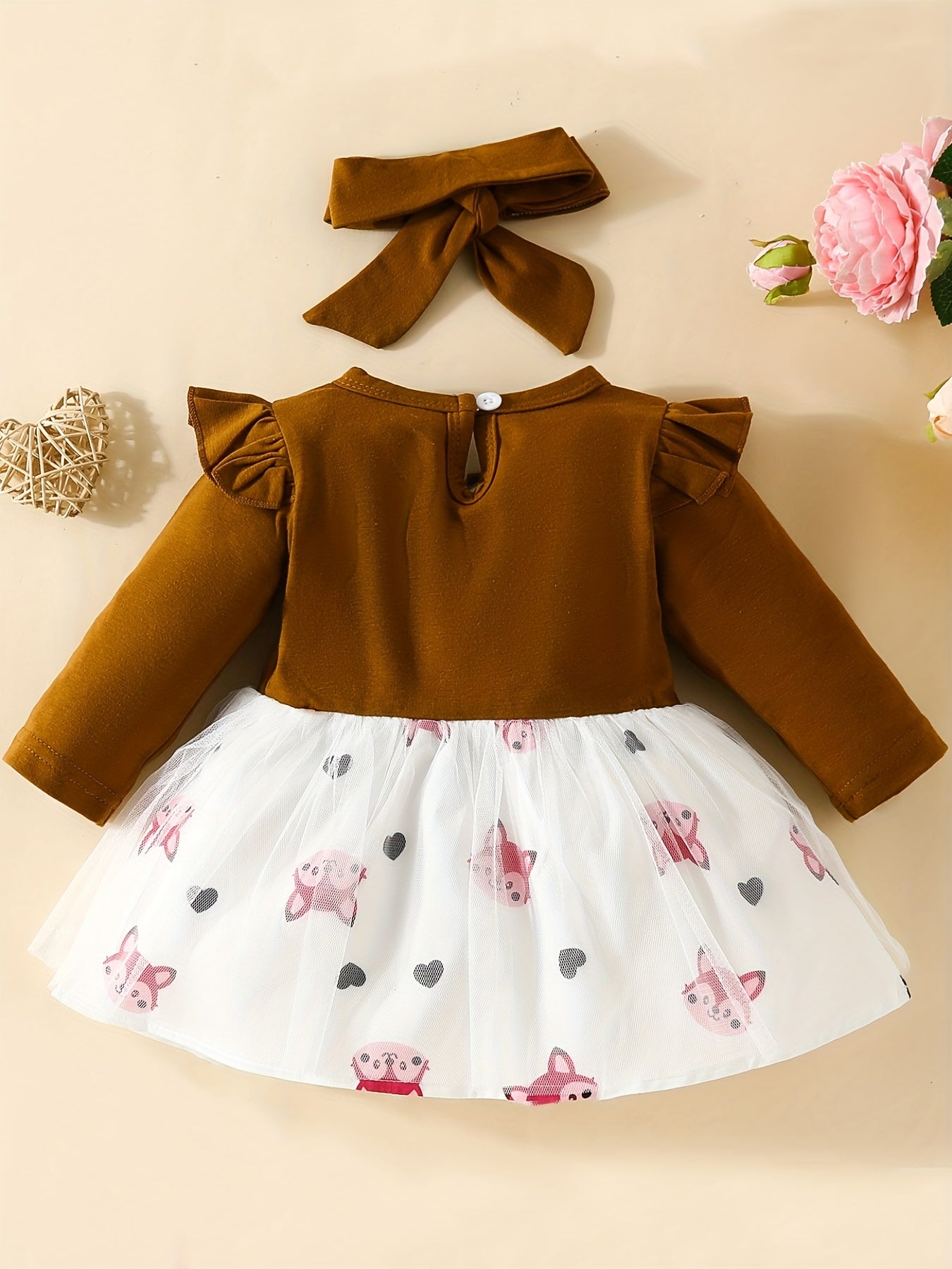 2pcs Baby Girls Fox Graphic Long Sleeve Dress & Headband Bundle