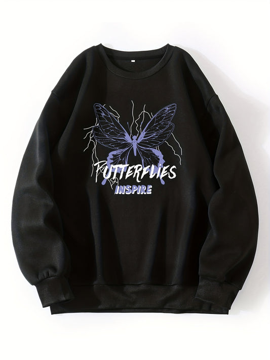 Butterfly Print Crew Neck Sweatshirt for Women