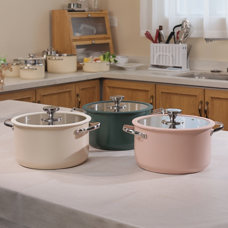 4pcs Stainless Steel Cooking Pot Set Beige Pink Green Ceramic Spray