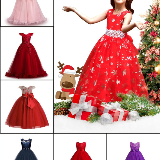 Girls Christmas Snow Graphic Mesh Tulle Maxi Dress