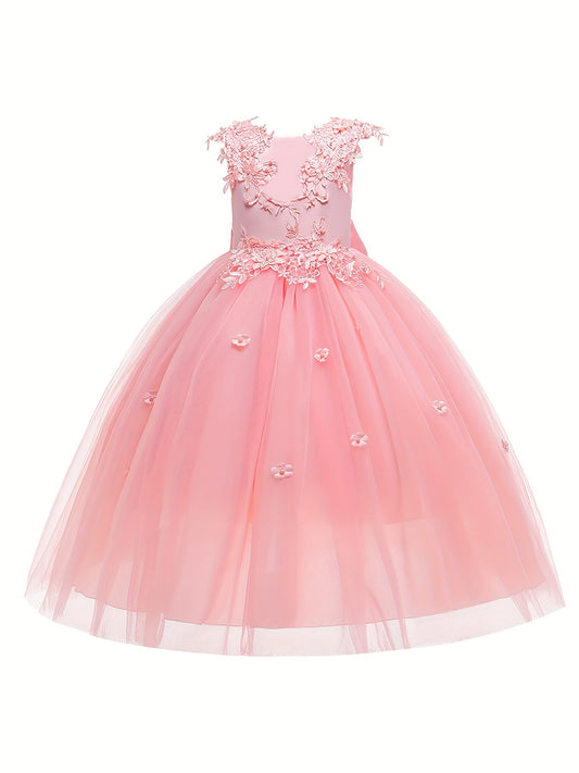 Girls Pearl Embroidered Mesh Bow Princess Party Dress