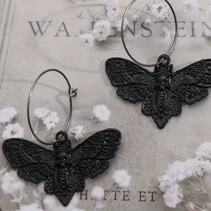 Vintage Goth Moth Skull Dangle Earrings Retro Style